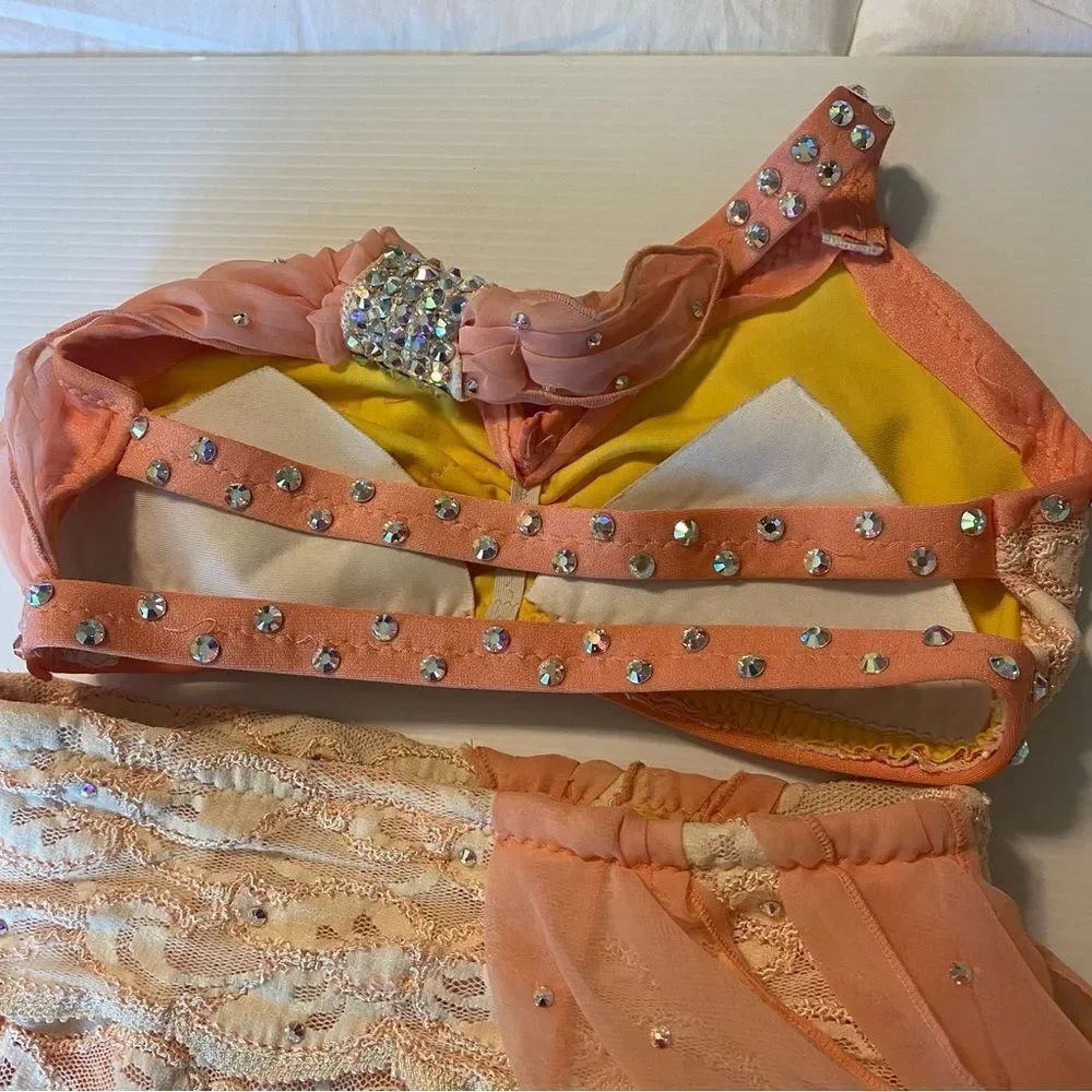 Custom made dance costume blush peach lace rhinestone 2 piece child IC/MC medium